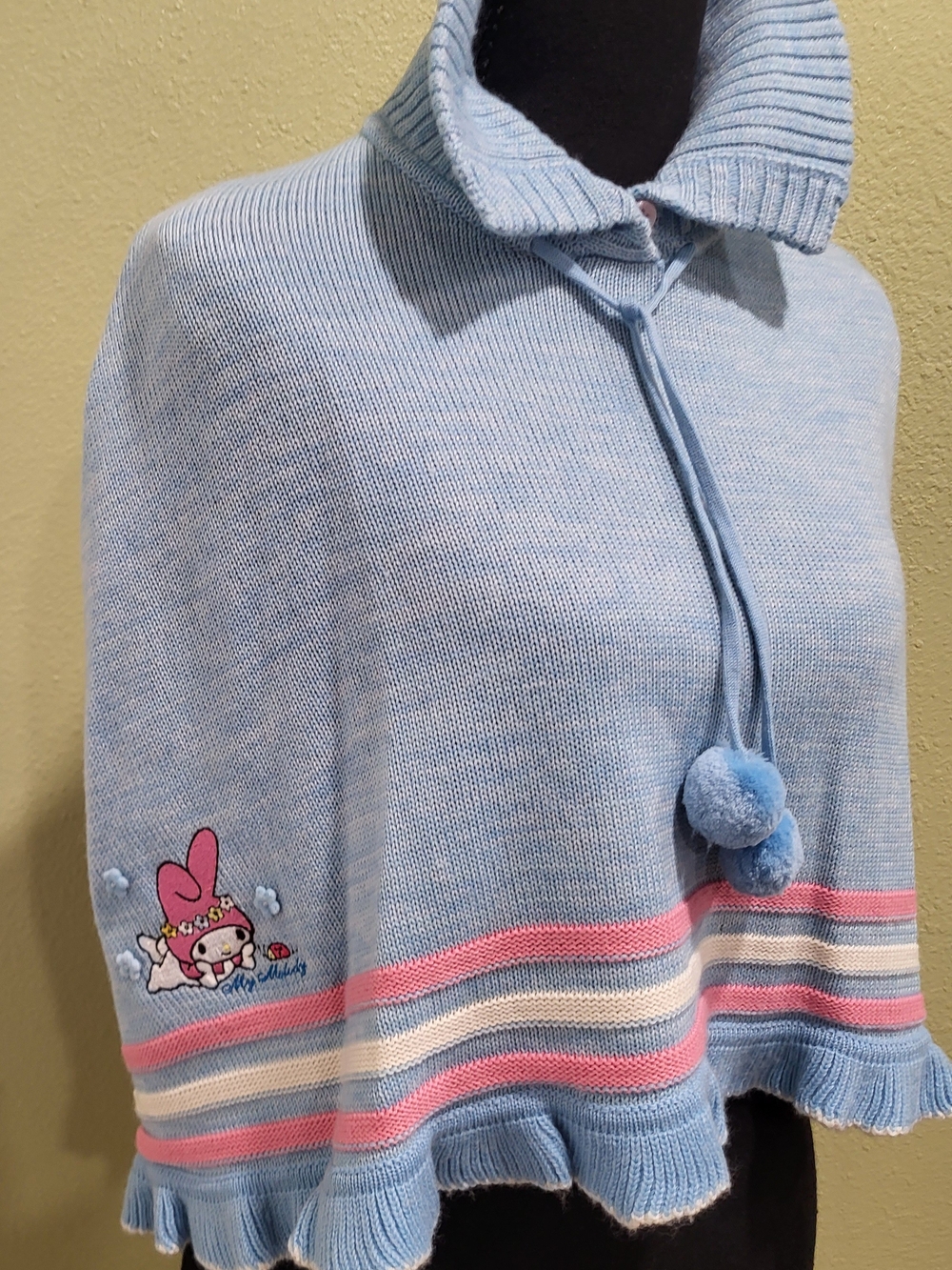 Sanrio Vintage Kids Light Blue My Melody Capelet with Pom-Pom Ties. Size Large